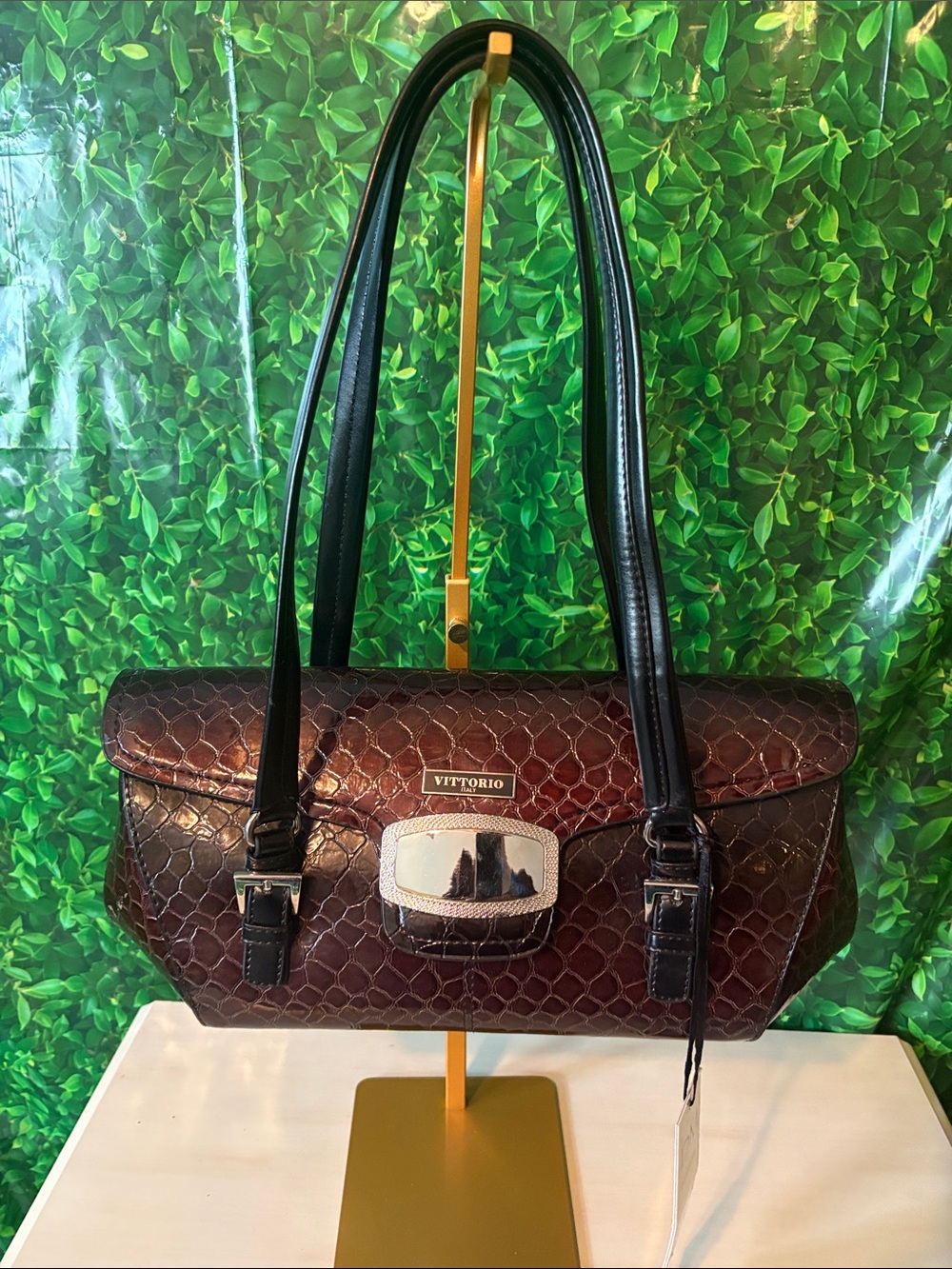 Vittorio Dark Brown Croc-Embossed Shoulder Bag with Black Straps
